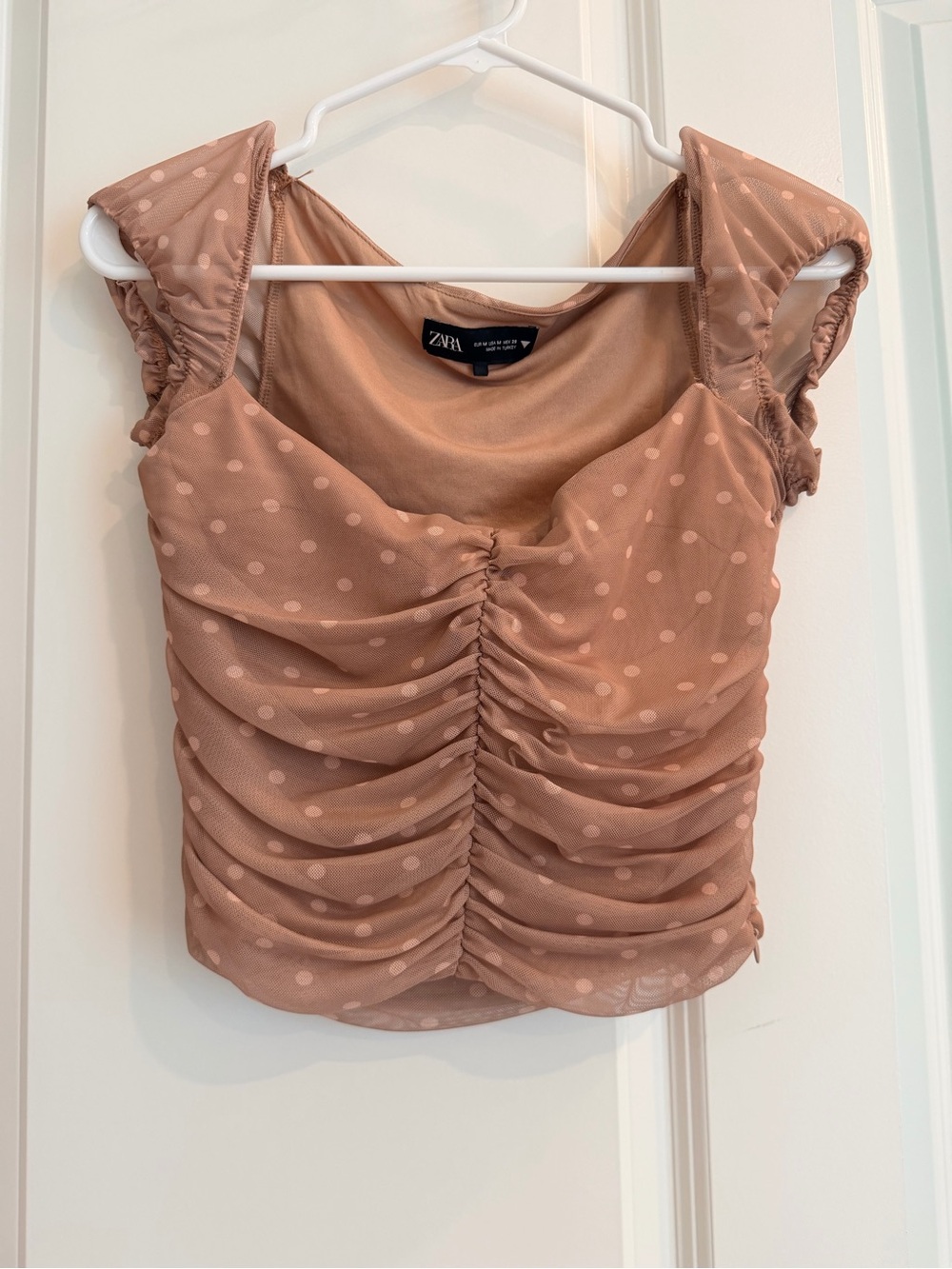 Zara Rose-Tan Polka Dot Ruched Crop Top